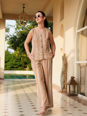Brown V-Neck Polyester Striped Co-Ords Set For Women