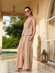 Brown V-Neck Polyester Striped Co-Ords Set For Women