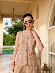 Brown V-Neck Polyester Striped Co-Ords Set For Women