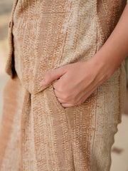Brown V-Neck Polyester Striped Co-Ords Set For Women
