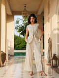 Off White V-Neck Cotton Blend Striped Co-Ords Set For Women