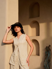 Off White V-Neck Cotton Blend Striped Co-Ords Set For Women