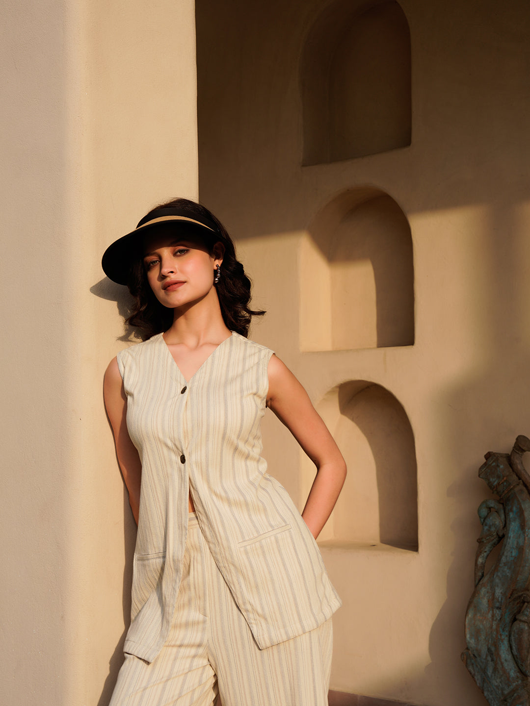 Off White V-Neck Cotton Blend Striped Co-Ords Set For Women