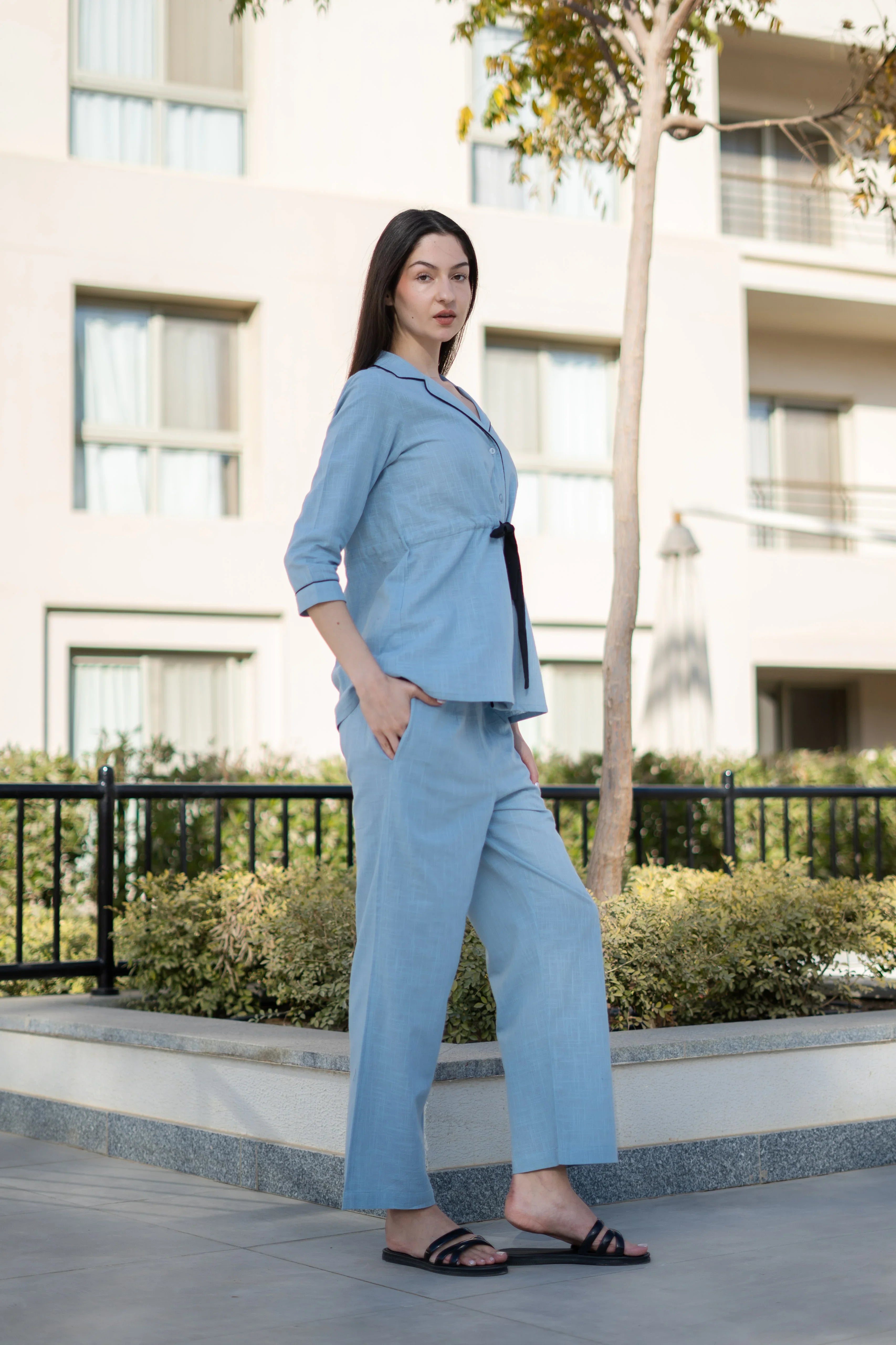 Women Solid Printed Blue Night Suit Set - SanskrutiHomes 