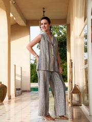 Blue V-Neck Polyester Striped Co-Ords Set For Women