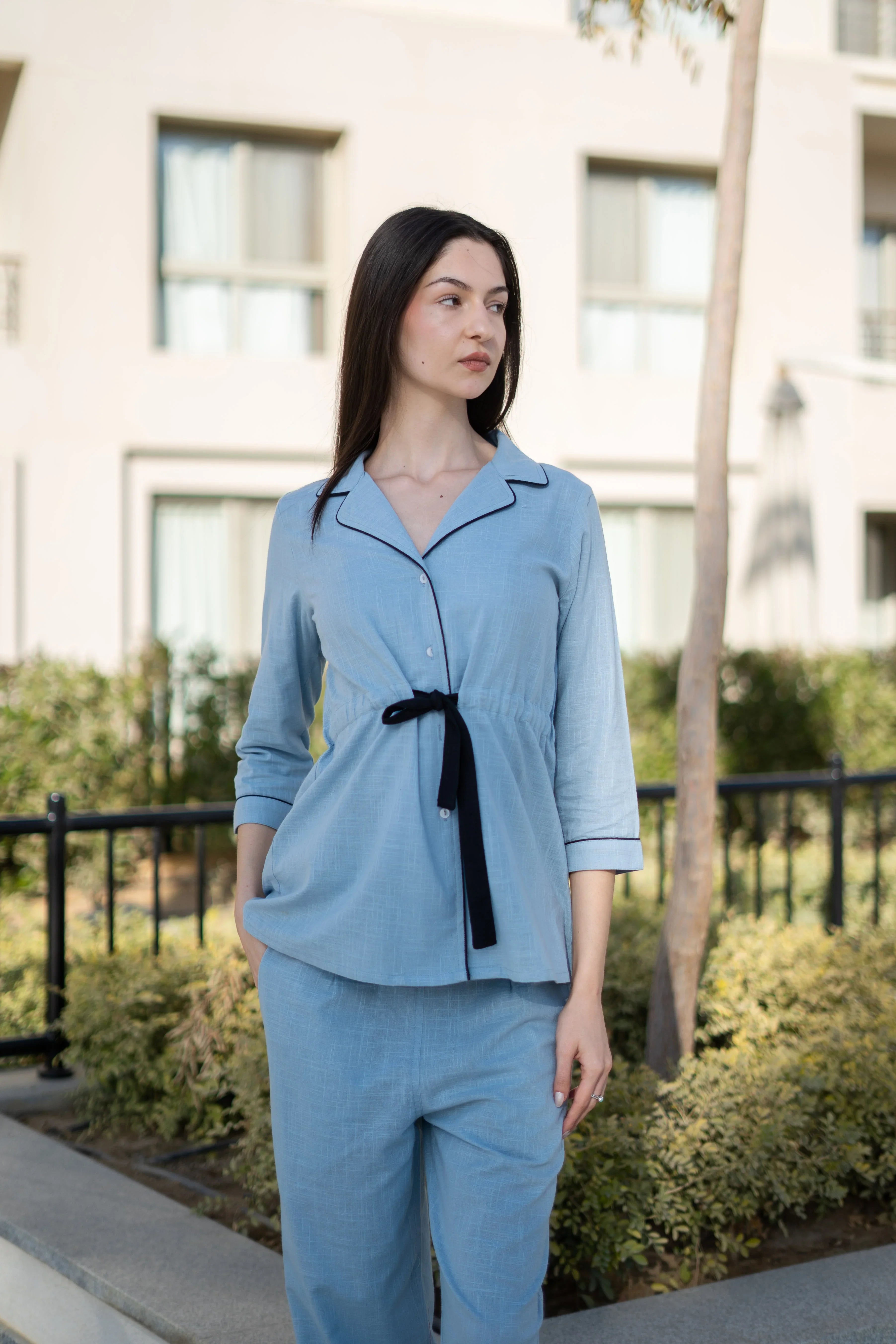 Women Solid Printed Blue Night Suit Set - SanskrutiHomes 