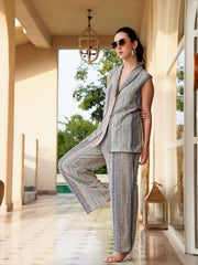 Blue V-Neck Polyester Striped Co-Ords Set For Women