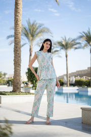 White Round Neck Cotton Night Suit - SanskrutiHomes 