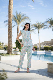 White Round Neck Cotton Night Suit - SanskrutiHomes 