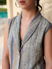 Blue V-Neck Polyester Striped Co-Ords Set For Women