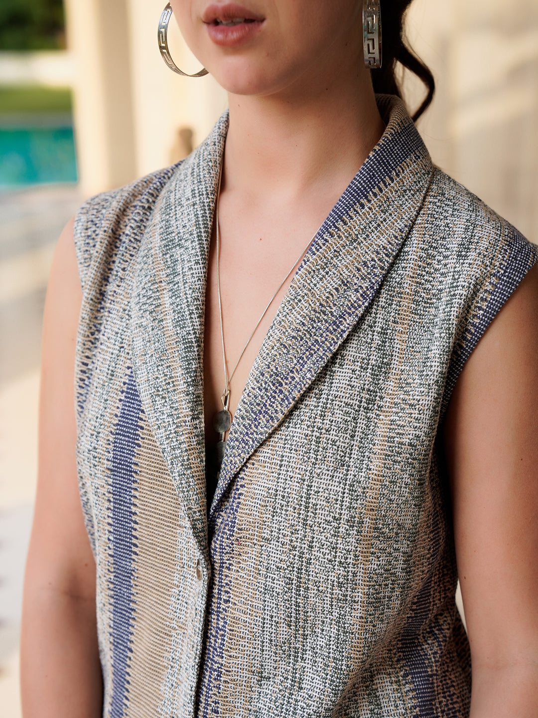 Blue V-Neck Polyester Striped Co-Ords Set For Women