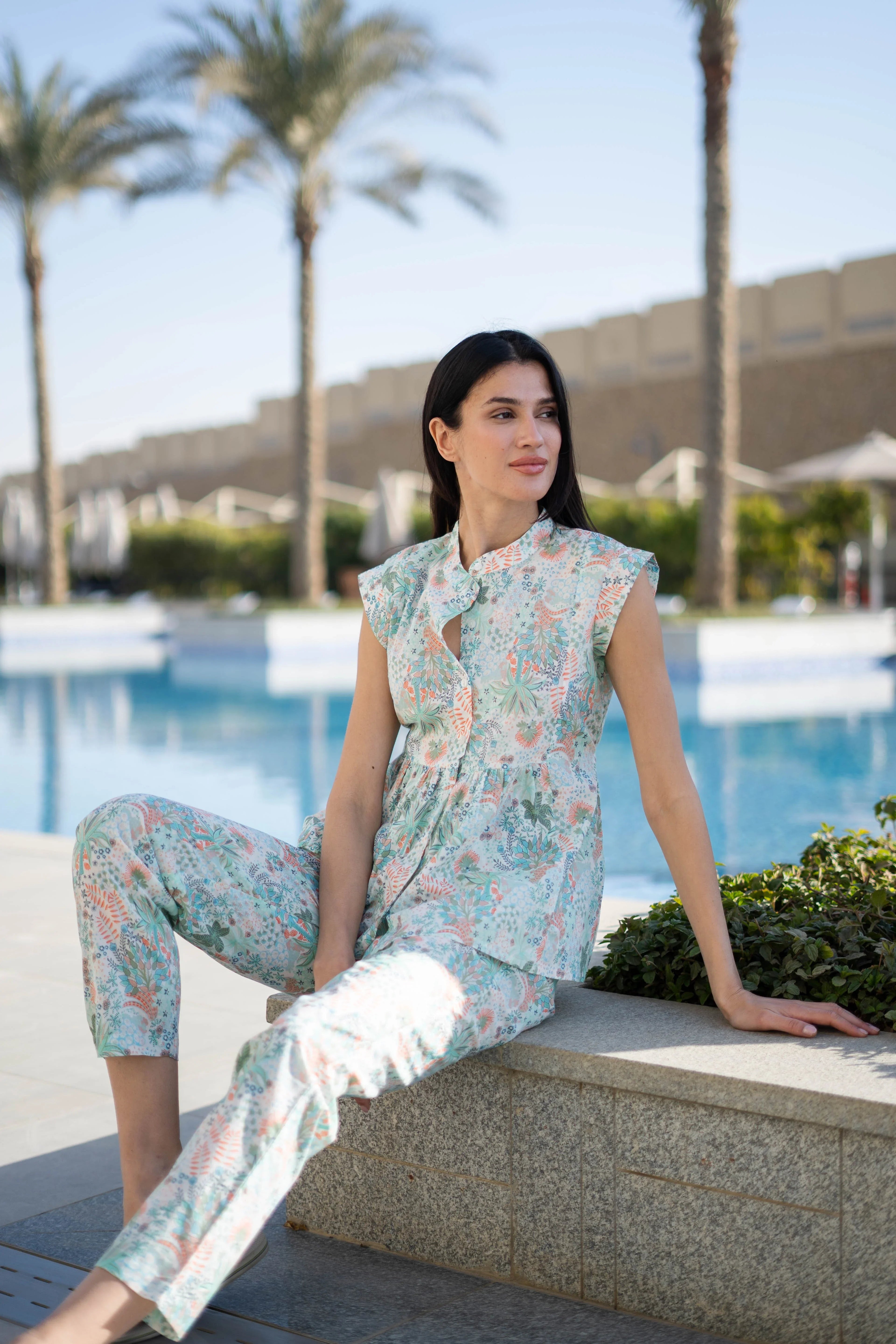 White Round Neck Cotton Night Suit - SanskrutiHomes 