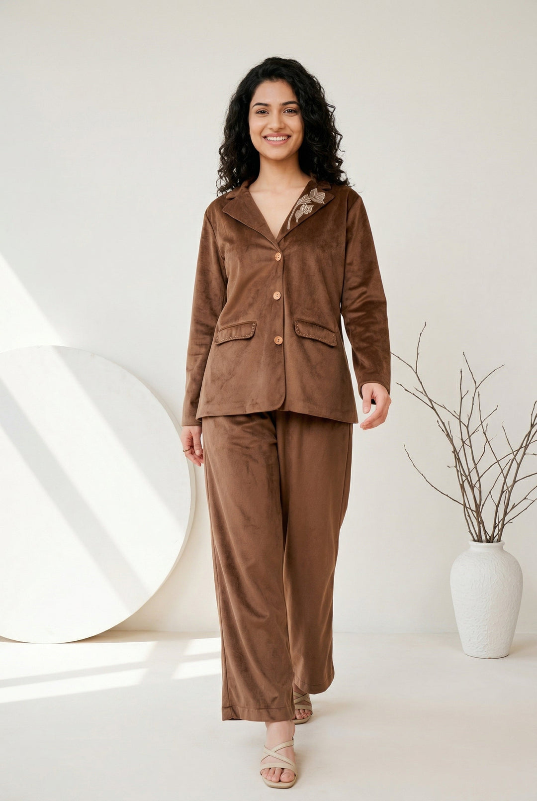 Brown Shirt Collar Solid Cotton Blend Co-Ord Set For Women