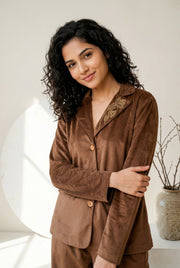 Brown Shirt Collar Solid Cotton Blend Co-Ord Set For Women