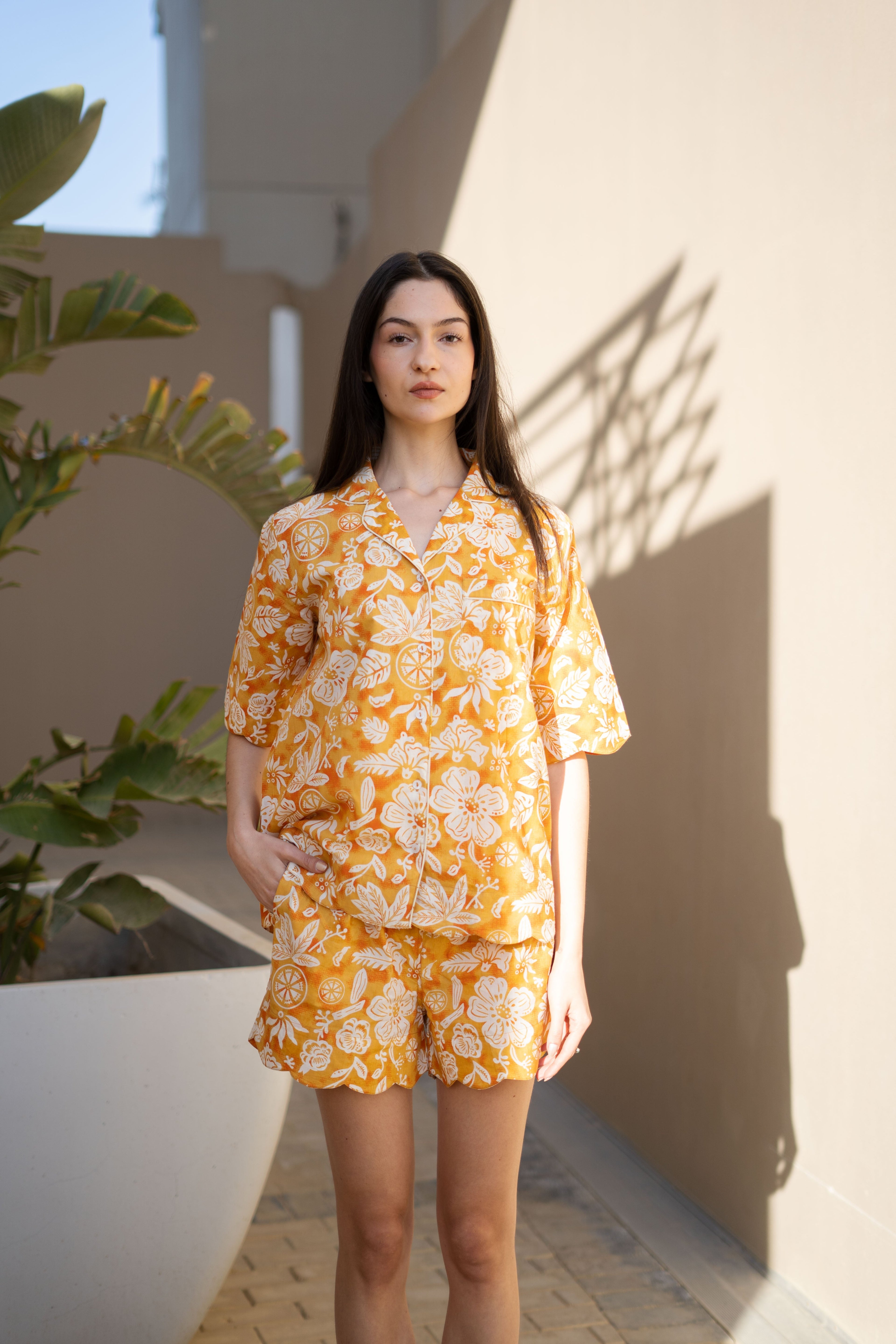 Orange Pure Cotton Printed Shirt Collar night suit for women - SanskrutiHomes 