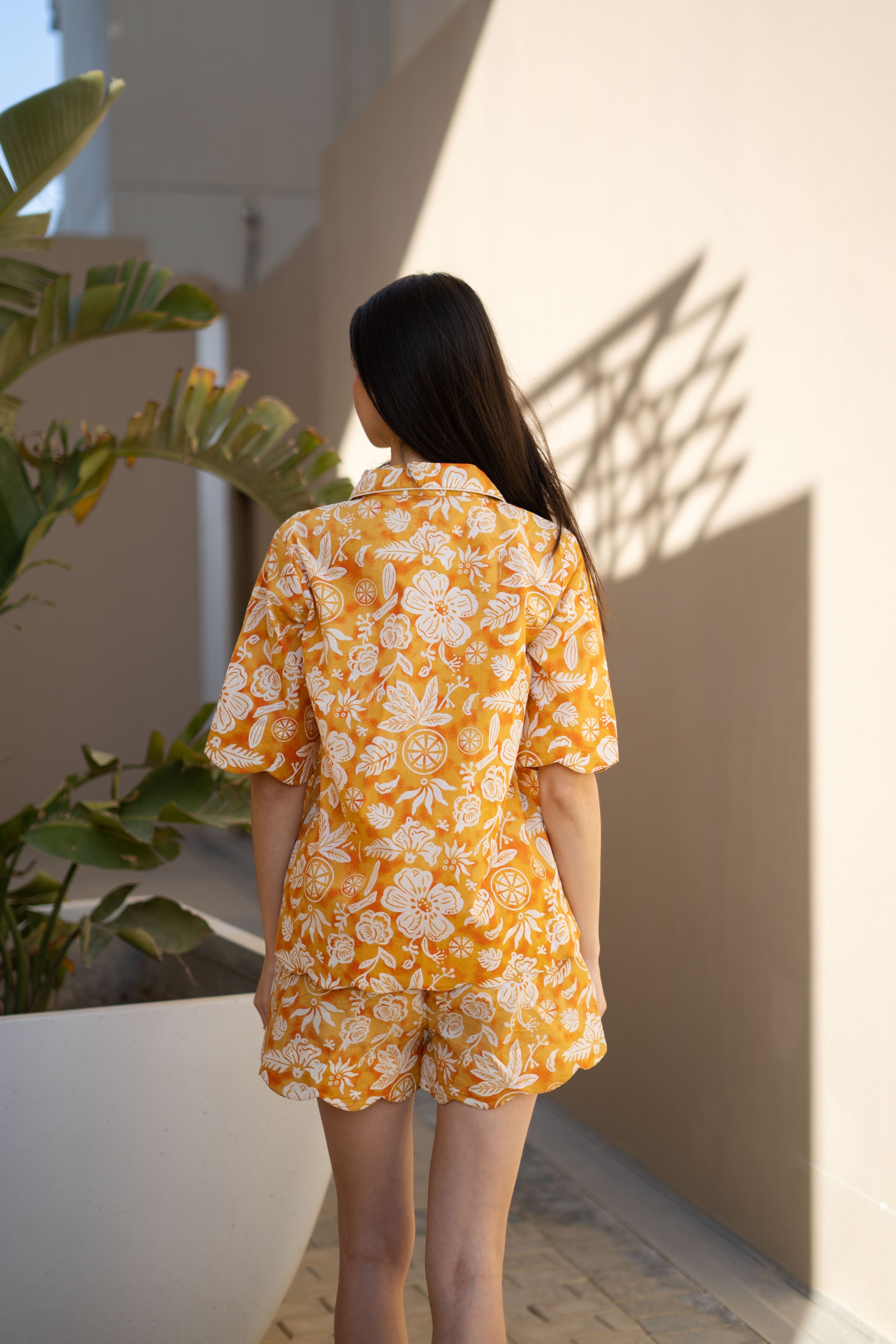 Orange Pure Cotton Printed Shirt Collar night suit for women - SanskrutiHomes 