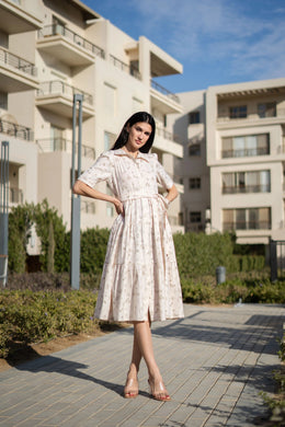 Beige Printed Cotton Dress for Women - SanskrutiHomes 