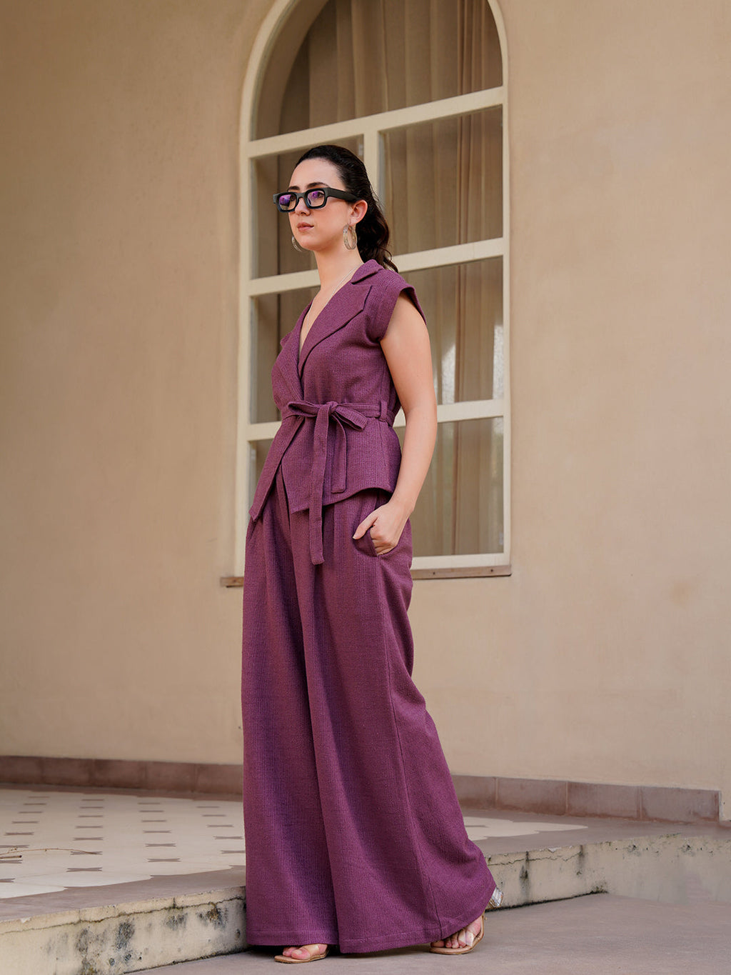 Magenta Shawl Neck Cotton Blend Solid Co-Ords Set For Women