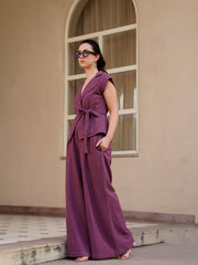 Magenta Shawl Neck Cotton Blend Solid Co-Ords Set For Women
