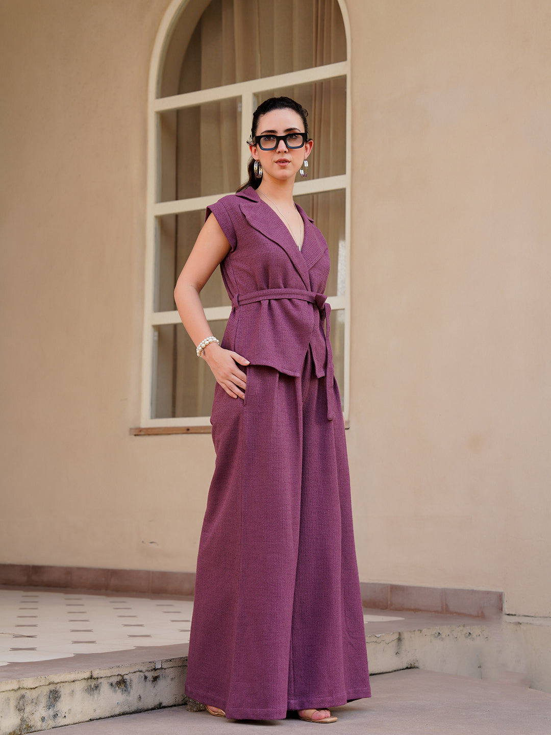 Magenta Shawl Neck Cotton Blend Solid Co-Ords Set For Women