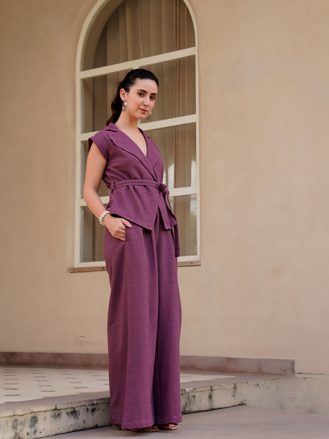 Magenta Shawl Neck Cotton Blend Solid Co-Ords Set For Women