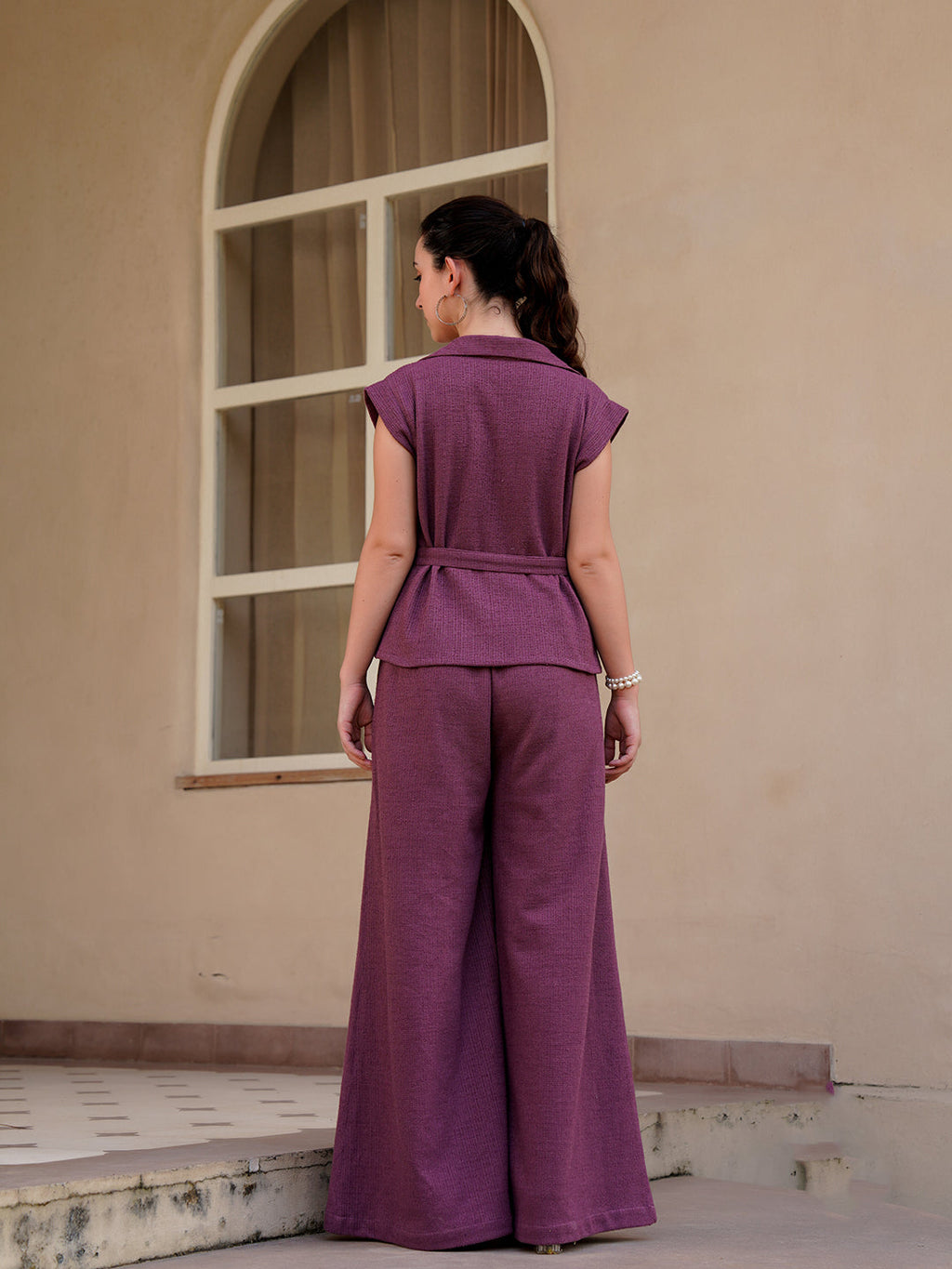 Magenta Shawl Neck Cotton Blend Solid Co-Ords Set For Women