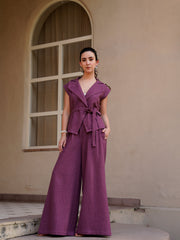 Magenta Shawl Neck Cotton Blend Solid Co-Ords Set For Women