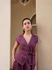 Magenta Shawl Neck Cotton Blend Solid Co-Ords Set For Women