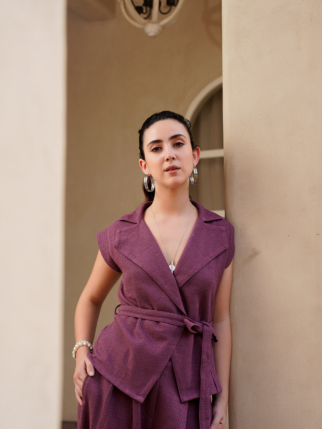 Magenta Shawl Neck Cotton Blend Solid Co-Ords Set For Women