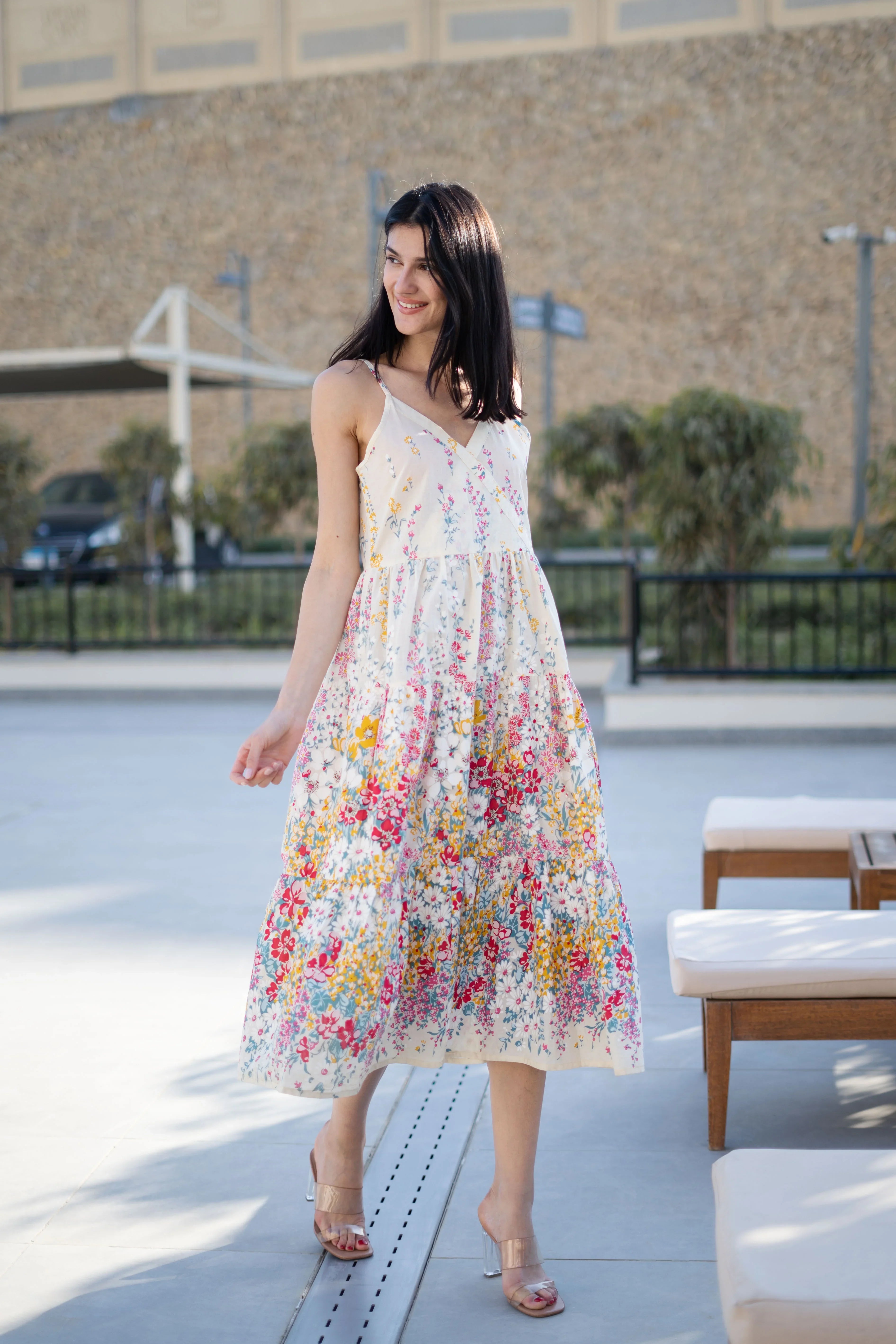 White Printed Sleeveless Dress for Women - SanskrutiHomes 