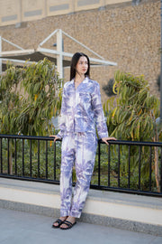 Off White Pure Cotton Printed Lapel Collar night suit for women - SanskrutiHomes 