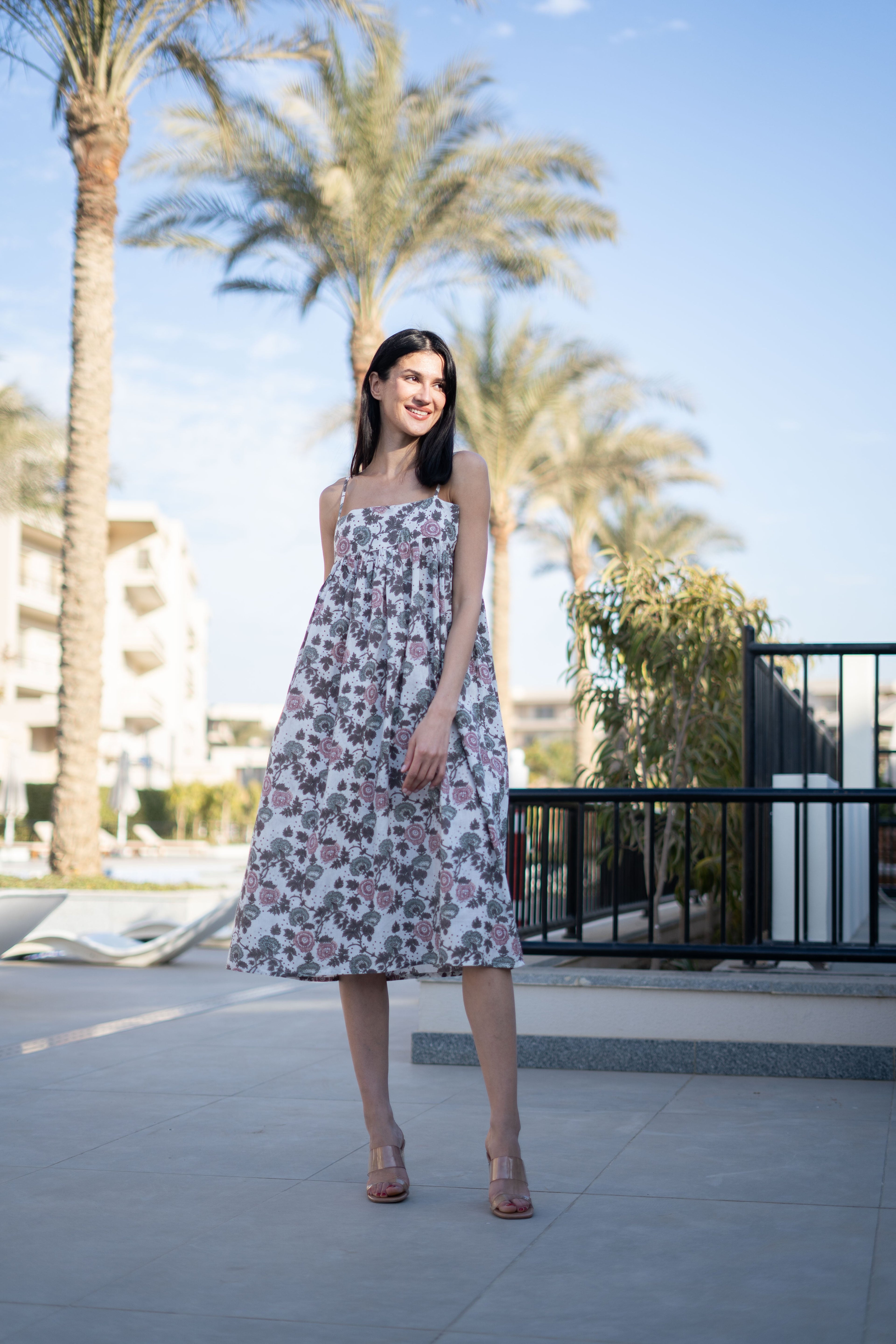 Off White Floral Printed Cotton Dress for Women - SanskrutiHomes 