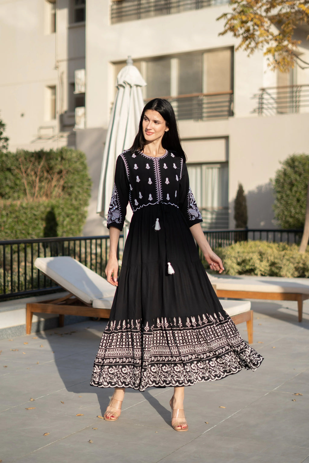 Women Viscose Rayon Black Solid Dress - SanskrutiHomes 