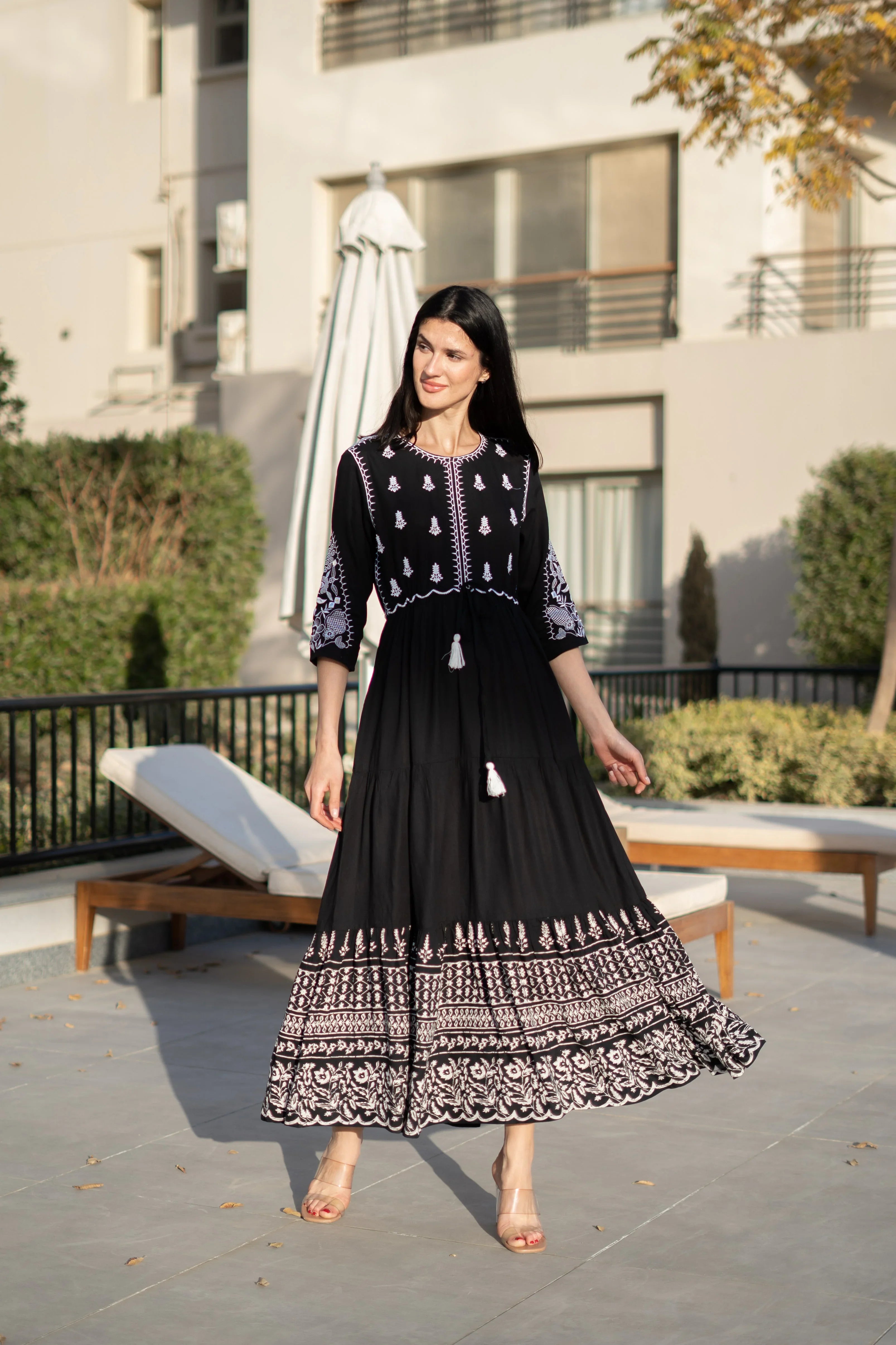 Women Viscose Rayon Black Solid Dress - SanskrutiHomes 