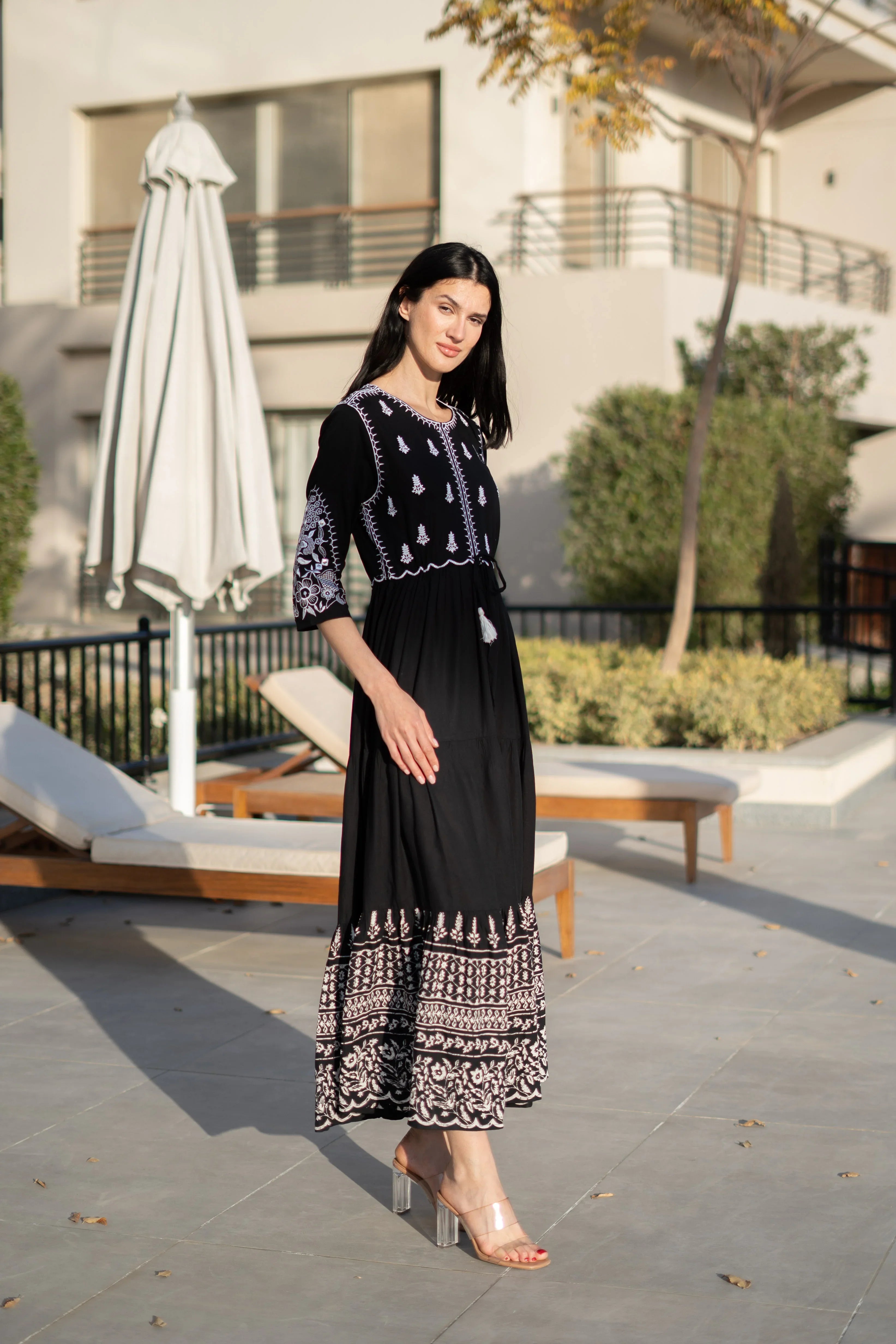 Women Viscose Rayon Black Solid Dress - SanskrutiHomes 