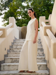Cream Round Neck Cotton Blend Solid Co-Ords Set For Women