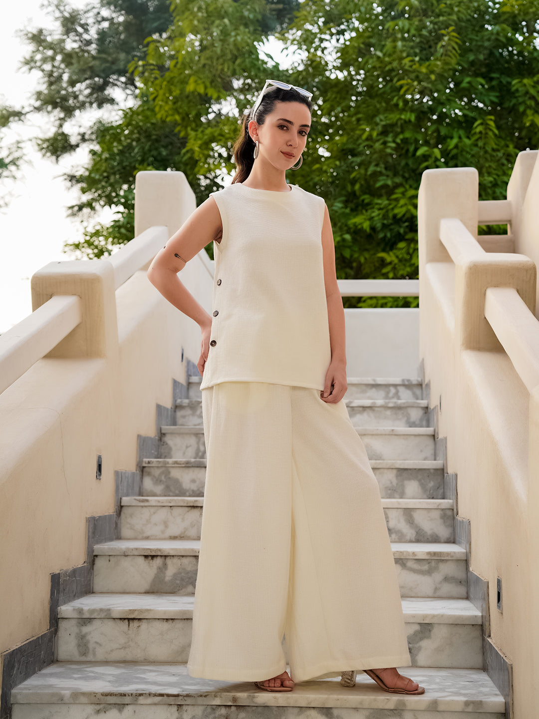 Cream Round Neck Cotton Blend Solid Co-Ords Set For Women