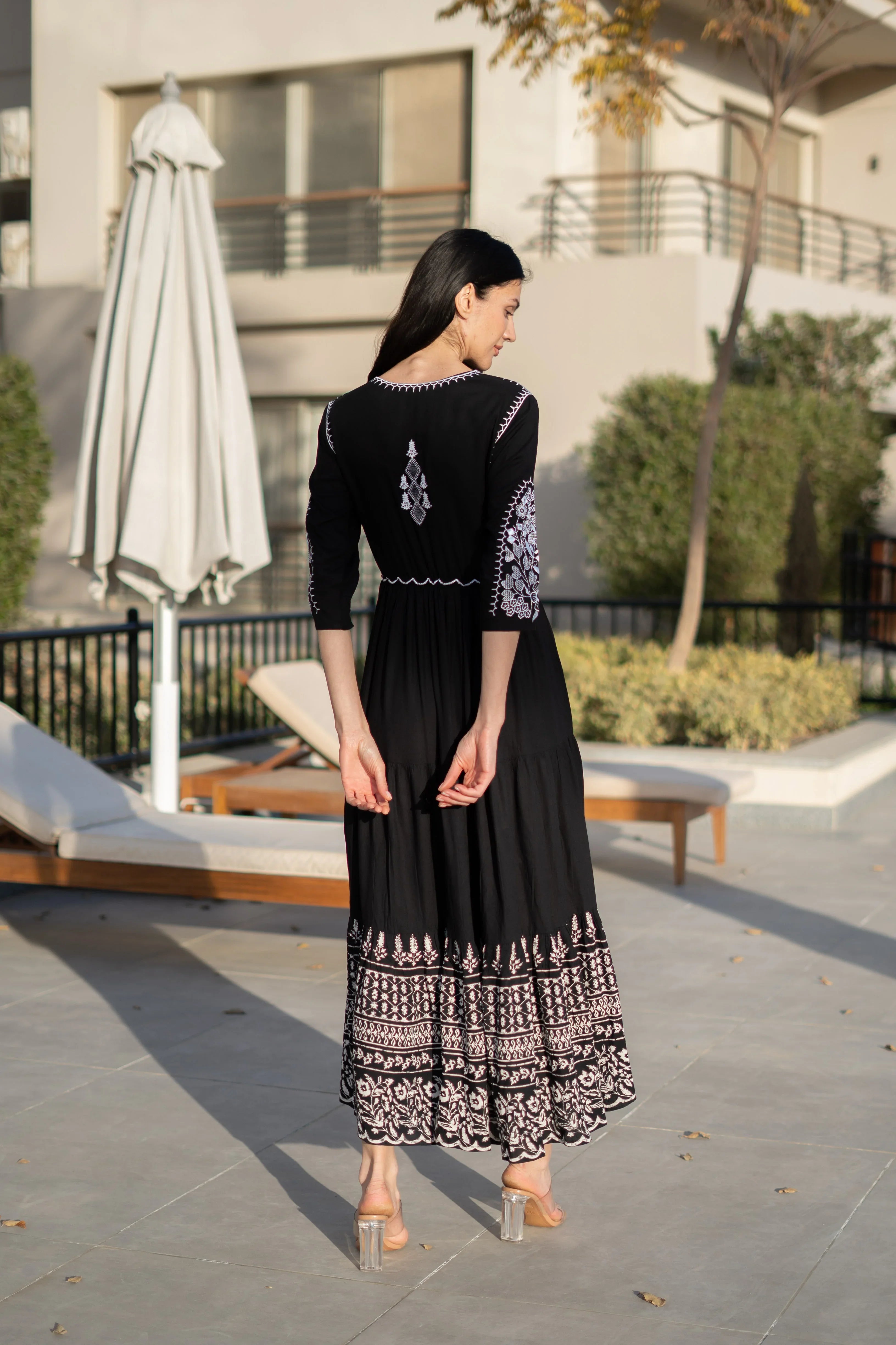 Women Viscose Rayon Black Solid Dress - SanskrutiHomes 