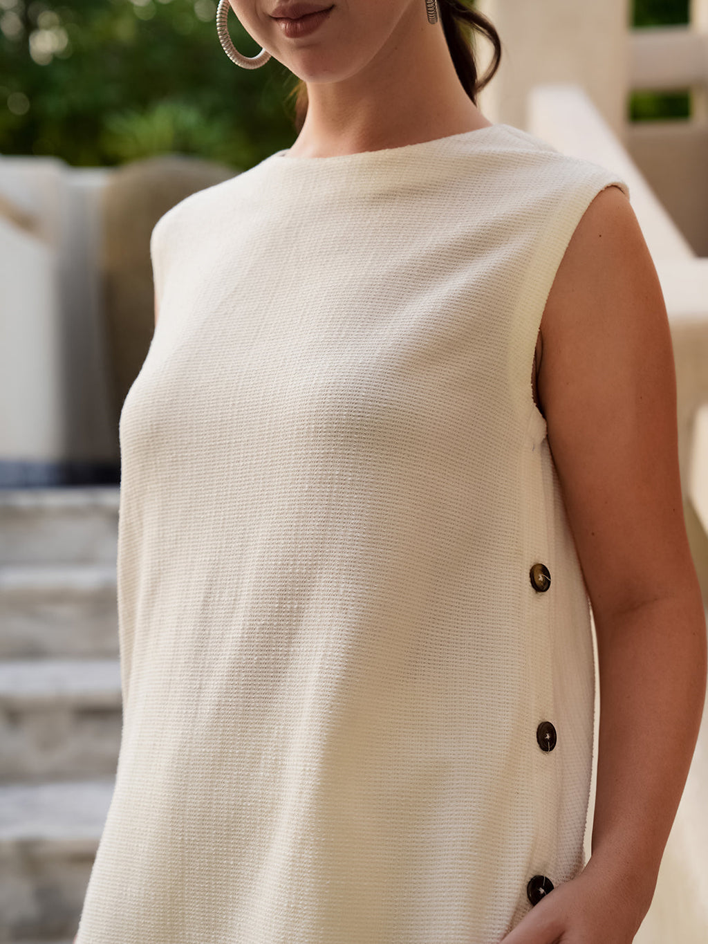 Cream Round Neck Cotton Blend Solid Co-Ords Set For Women