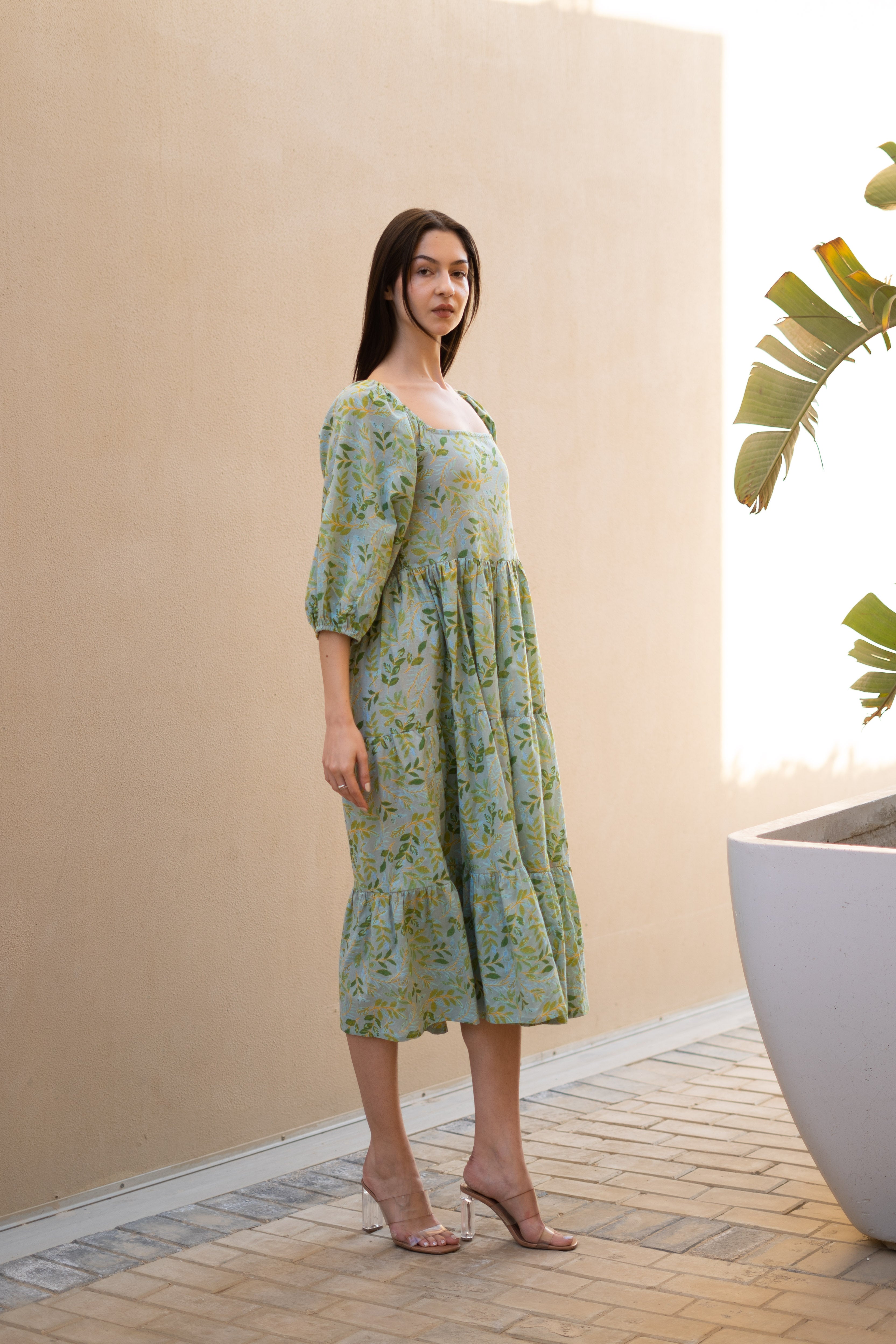 Women Cotton Grey Floral Printed Dress