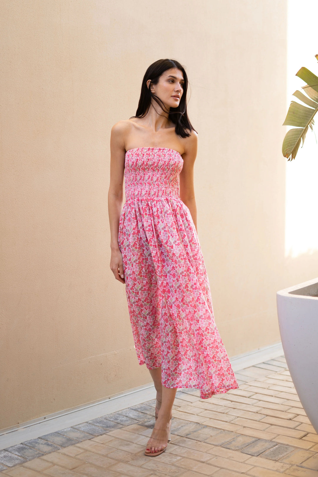 Women Off-Shoulder Pink Printed Dress - SanskrutiHomes 