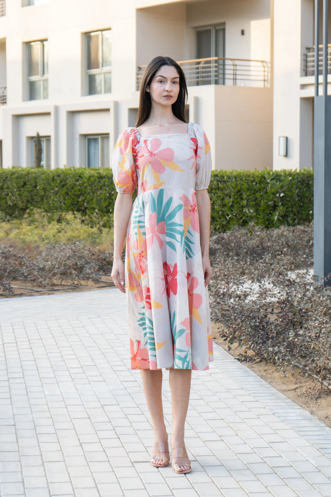 Off White Floral Printed Square Neck Dress - SanskrutiHomes 