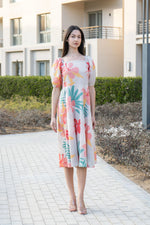 Off White Floral Printed Square Neck Dress - SanskrutiHomes 