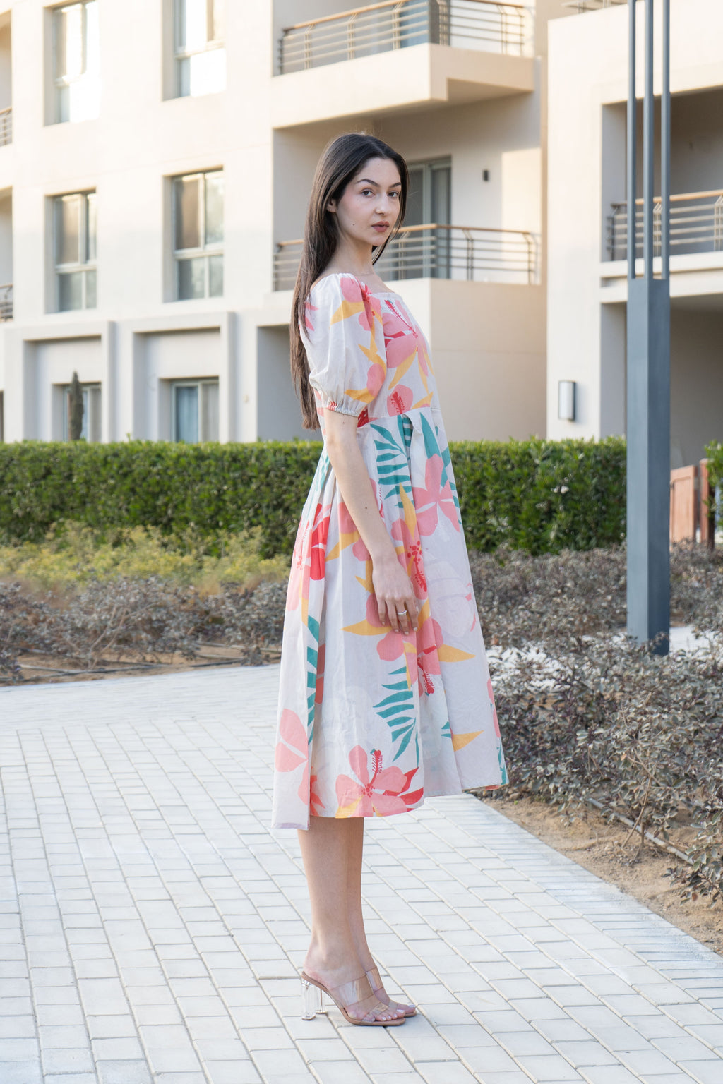 Off White Floral Printed Square Neck Dress - SanskrutiHomes 