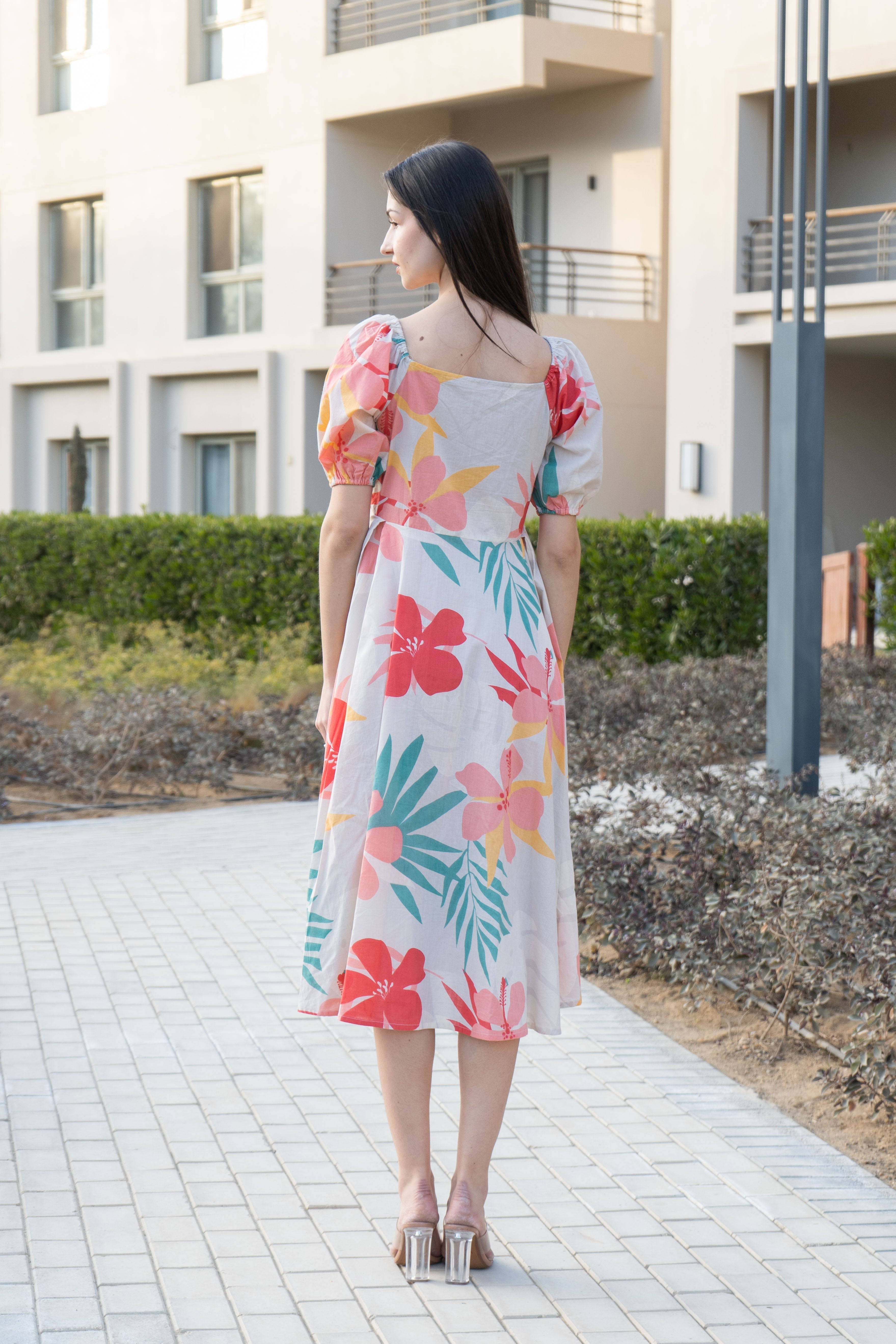 Off White Floral Printed Square Neck Dress - SanskrutiHomes 