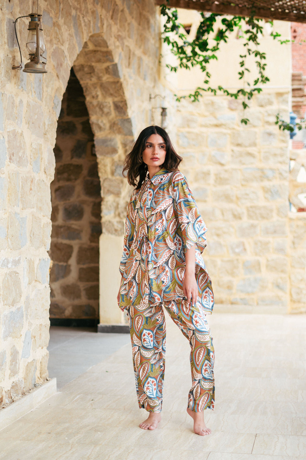 Green Shirt Collar Viscose Rayon Printed Co-Ords Set