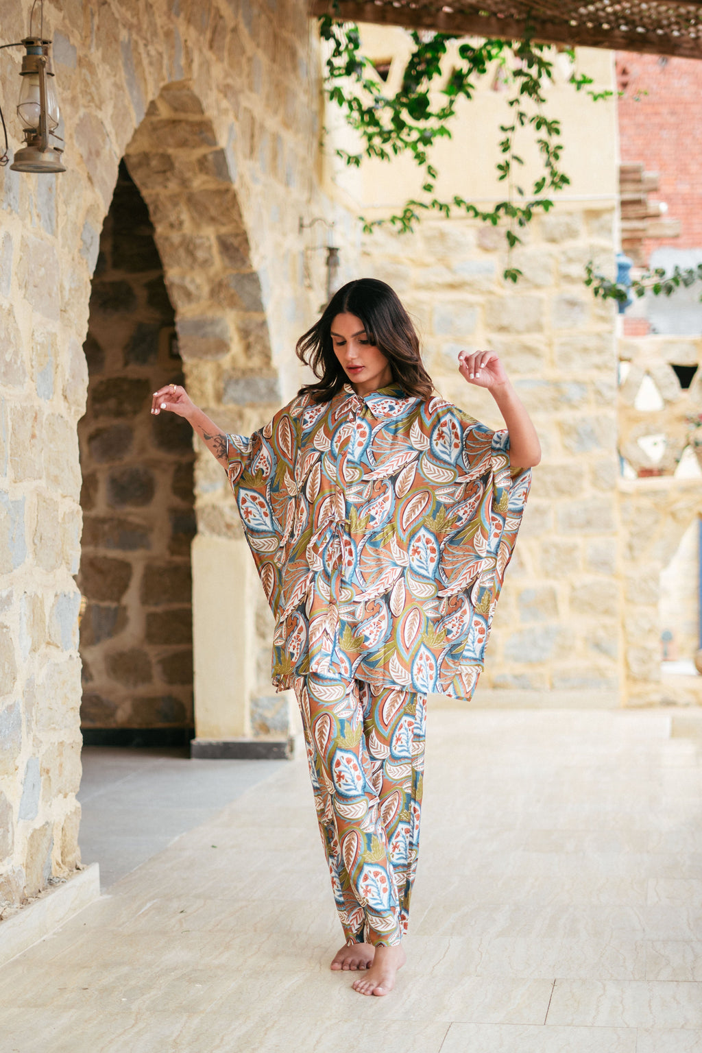 Green Shirt Collar Viscose Rayon Printed Co-Ords Set