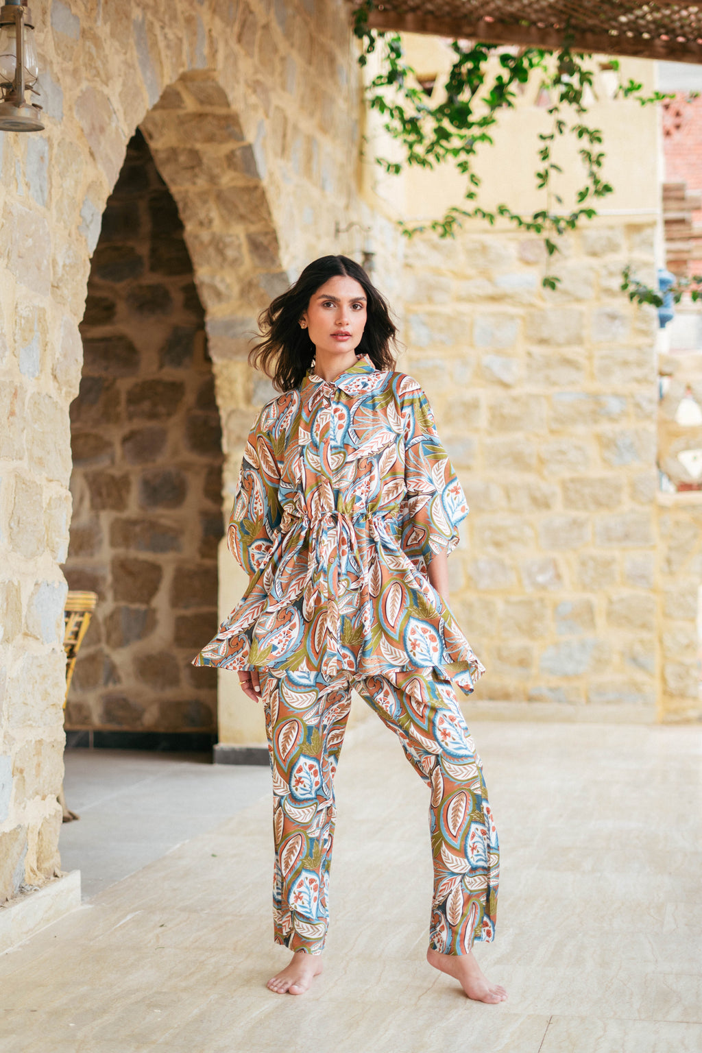 Green Shirt Collar Viscose Rayon Printed Co-Ords Set