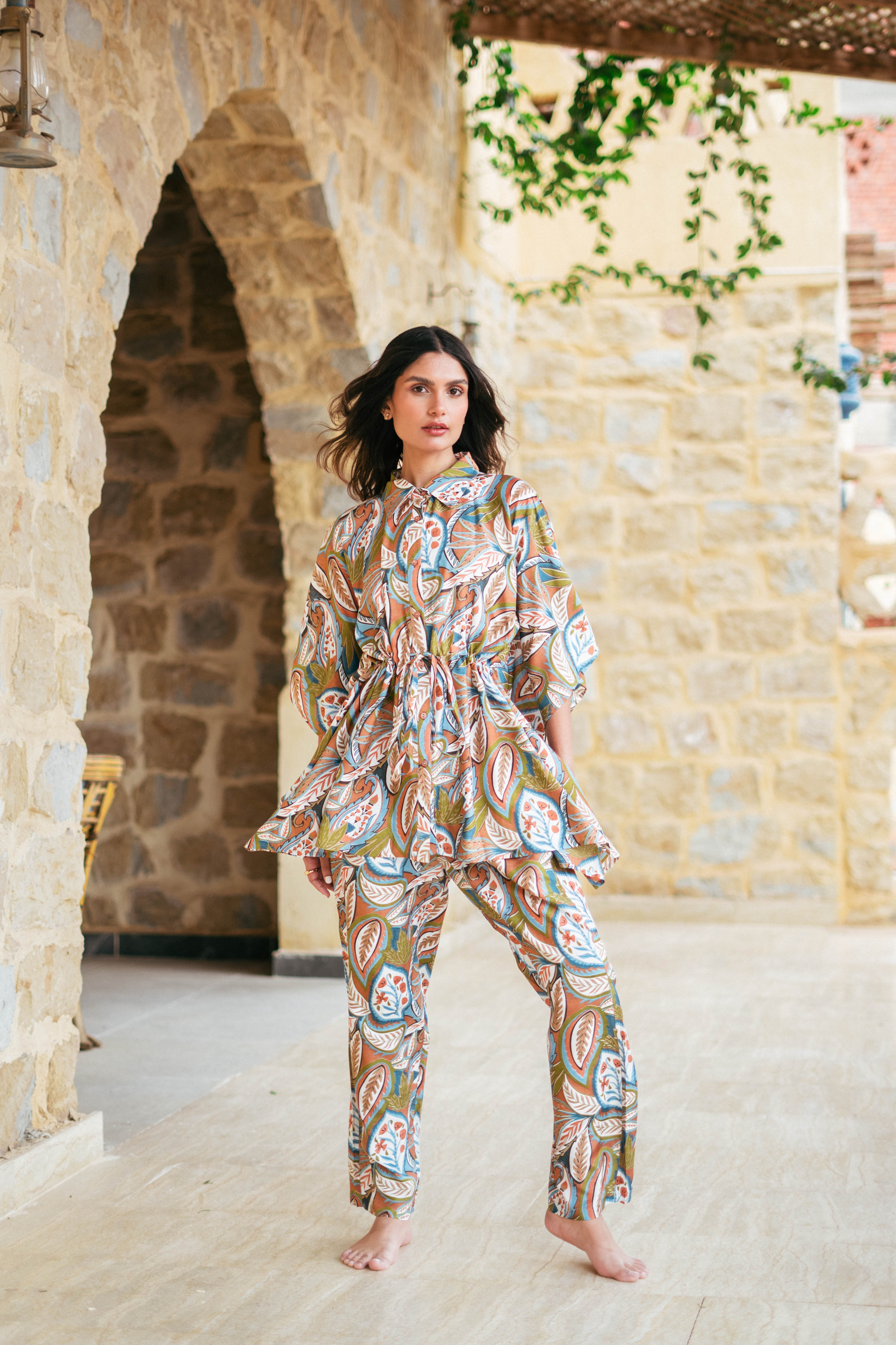 Green Shirt Collar Viscose Rayon Printed Co-Ords Set