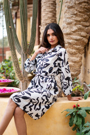 Black Printed Shirt Collar Dress For Women